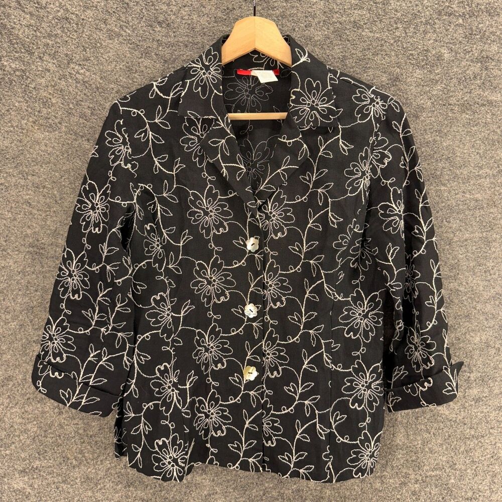 LisBeth Blazer Women S Small Black Floral Embroidered Linen Button Up Collared